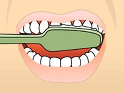 Animated illustration of toothbrush cleaning upper and lower teeth with proper brushing technique.